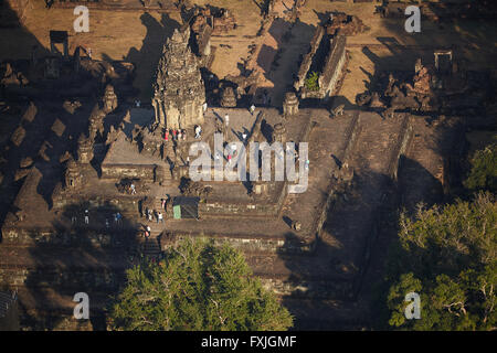 Bakong temple ruins (from 9th century AD), in Roluos Temple Group, Angkor World Heritage Site, near Siem Reap, Cambodia - aerial Stock Photo