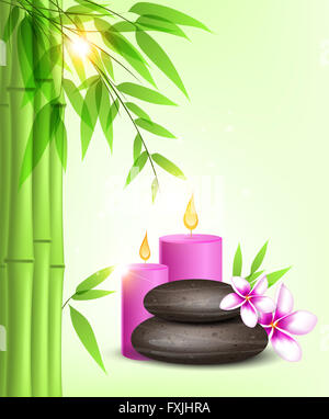 Background with green bamboo, spa stones and tropical flowers Stock ...