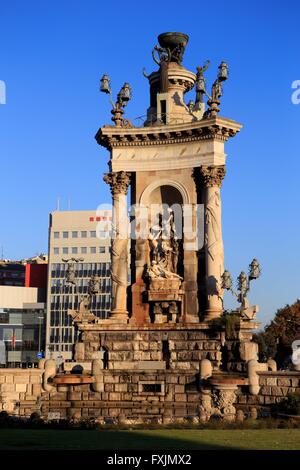 Intricate design and statues adorn a tower in the centre of Placa d'Espana in Barcelona, Spain Stock Photo