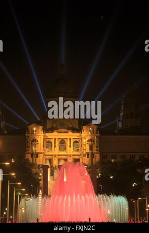 The Magic Fountain of Montjuic in front of the Museu Nacional d'Art de Catalunya is a famous tourist attraction in Barcelona, Sp Stock Photo