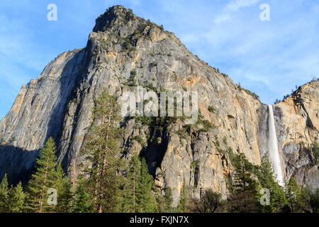 Cathedral Rocks and Bridalveil Falls, Yosemite National Park, California Stock Photo