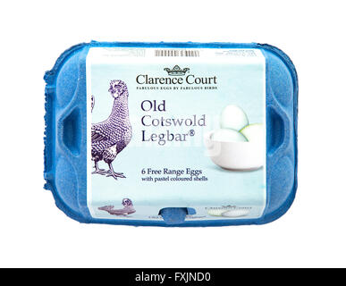 Box of Clarence Court Old Cotswold Legbar Free Range eggs with pastel coloured shells on white background Stock Photo