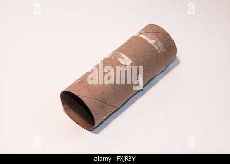 Single empty cardboard toilet paper roll on white background. Stock Photo