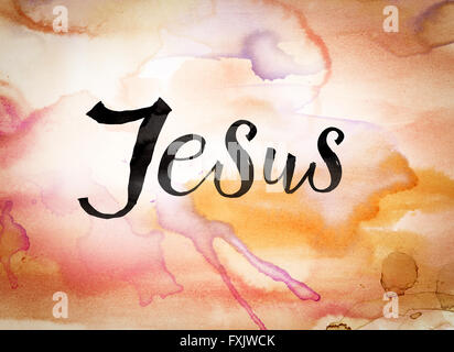 The word 'Jesus' written in black paint on a colorful watercolor washed background. Stock Photo