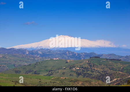 View of Etna volcano and Sicily field Stock Photo