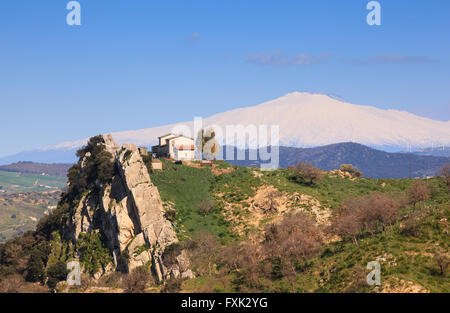 View of Etna volcano and Sicily field Stock Photo