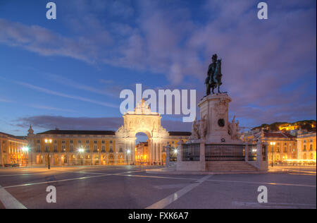Arco da Vitoria and equestrian statue of King Jose I. at the Praca do Commercio at dusk, Lisbon, Portugal Stock Photo