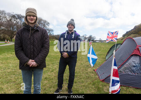 Holyrood Park, Edinburgh, Scotland. 16th April, 2016. Neil Tannahill and James Woodward have set up a rival camp to the Indy Camp in Holyrood Park. They are Unionists wanting to raise awareness  that Scotland voted No in the referendum. James commented 'We are inn danger of people forgetting the No Vote and we want to remind people we are still here'. The camp will be in Holyrood Park for the weekend of 16-17 April with a larger scale demonstration planned for the Saturday evening. Credit:  Richard Dyson/Alamy Live News Stock Photo
