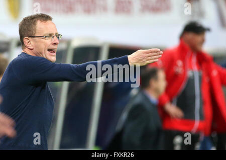 Leipzig's coach Ralf Rangnick during the German 2nd Bundesliga soccer match between RB Leipzig and SV Sandhausen at Red Bull Arena in Leipzig, Germany, 15 April 2016. Photo: Jan Woitas/dpa