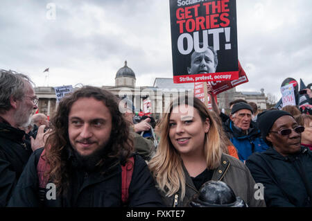 London, UK.  16 April 2016.  Protestors march on Trafalgar Square during The March for Health, Homes, Jobs and Education, organised by the People's Assembly.  Thousands listened to speakers and trade unionists who spoke about anti-austerity, saving the NHS and an end to Tory rule.  Credit:  Stephen Chung / Alamy Live News Stock Photo