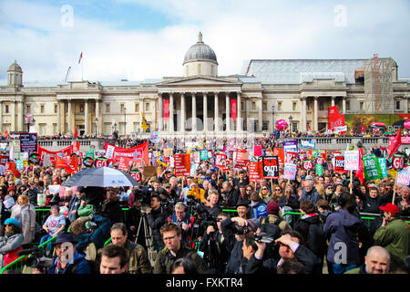 London, 16 April 2016 - Thousands of protesters take part in The People's Assembly's national demonstration by marching in London and rallying in Trafalgar Square against the government's programme of cuts in NHS, homes, job, welfare and education Credit:  Dinendra Haria/Alamy Live News Stock Photo