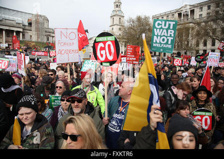 London, 16 April 2016 - Thousands of protesters take part in The People's Assembly's national demonstration by marching in London and rallying in Trafalgar Square against the government's programme of cuts in NHS, homes, job, welfare and education Credit:  Dinendra Haria/Alamy Live News Stock Photo