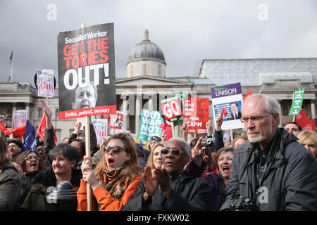 London, 16 April 2016 - Thousands of protesters take part in The People's Assembly's national demonstration by marching in London and rallying in Trafalgar Square against the government's programme of cuts in NHS, homes, job, welfare and education Credit:  Dinendra Haria/Alamy Live News Stock Photo