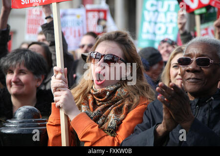 London, 16 April 2016 - Thousands of protesters take part in The People's Assembly's national demonstration by marching in London and rallying in Trafalgar Square against the government's programme of cuts in NHS, homes, job, welfare and education Credit:  Dinendra Haria/Alamy Live News Stock Photo