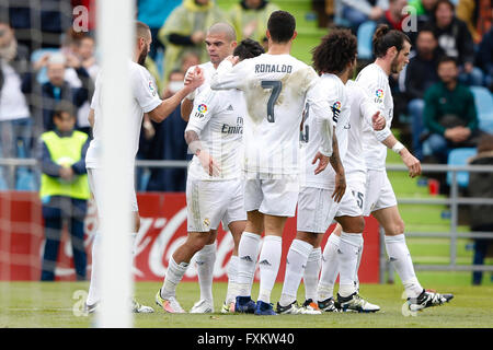 Madrid, Spain. 16th Apr, 2016. Francisco Roman Alarcon (22) Real Madrid celebrates after scoring his teams 2nd goal. Liga match between Getafe CF and Real Madrid at the Coliseum Alfonso Perez stadium in Madrid, Spain, April 16, 2016 . Credit:  Action Plus Sports/Alamy Live News Stock Photo