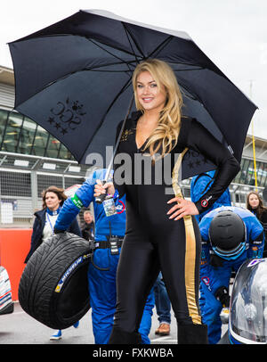 Silverstone, UK. 16th Apr, 2016. European Le Mans Series, Round 1. Grid girl expecting rain. Credit:  Action Plus Sports/Alamy Live News Stock Photo