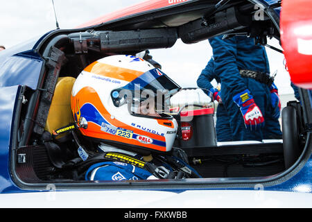 Silverstone, UK. 16th Apr, 2016. European Le Mans Series, Round 1. Alex Brundle sits in his car. Credit:  Action Plus Sports/Alamy Live News Stock Photo