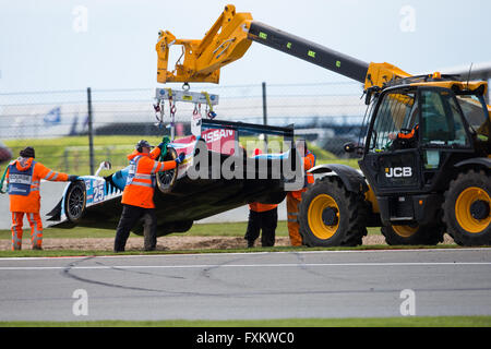 Silverstone, UK. 16th Apr, 2016. European Le Mans Series, Round 1. Sir Chris Hoy is rescued from the catchment gravel by a JCB. Credit:  Action Plus Sports/Alamy Live News Stock Photo