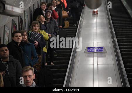 London 16 April 2016 - A six-month trial scheme starts on 18 April 2016 which will see commuters at Holborn Station to stand on both sides of the escalator rather than walking. Credit:  Dinendra Haria/Alamy Live News Stock Photo
