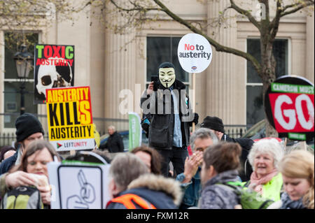 London, UK.  16 April 2016.  Protestors march on Trafalgar Square during The March for Health, Homes, Jobs and Education, organised by the People's Assembly.  Thousands listened to speakers and trade unionists who spoke about anti-austerity, saving the NHS and an end to Tory rule.  Credit:  Stephen Chung / Alamy Live News Stock Photo