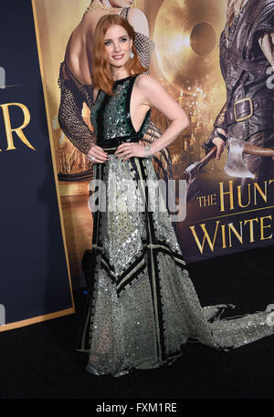 Westwood, California, USA. 11th Apr, 2012. Jessica Chastain arrives for the premiere of the film 'The Huntsman: Winter's War' at the Village theater. © Lisa O'Connor/ZUMA Wire/Alamy Live News Stock Photo