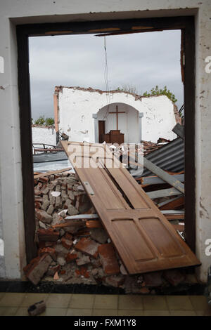 Dolores, Uruguay. 16th Apr, 2016. A church is seen collapsed after a tornado in Dolores, Uruguay, on April 16, 2016. A tornado thrashed the city of Dolores, western Uruguay, on Friday, leaving four people dead and others seriously injured, the country's emergency services said. Credit:  Nicolas Celaya/Xinhua/Alamy Live News Stock Photo