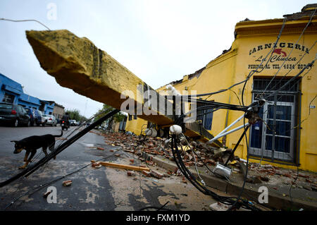 Dolores, Uruguay. 16th Apr, 2016. An electrical pole remains down after a tornado in Dolores, Uruguay, on April 16, 2016. A tornado thrashed the city of Dolores, western Uruguay, on Friday, leaving four people dead and others seriously injured, the country's emergency services said. Credit:  Nicolas Celaya/Xinhua/Alamy Live News Stock Photo