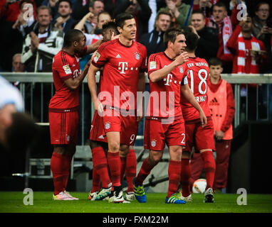 Munich, Germany. 16th Apr, 2016. Players of Bayern Munich celebrate a goal during the German first division Bundesliga football match against Schalke 04 in Munich, Germany, on April 16, 2016. Bayern Munich won 3-0. © Philippe Ruiz/Xinhua/Alamy Live News Stock Photo
