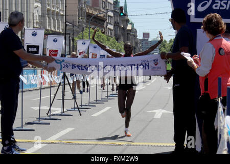 Belgrade, Serbia. 16th Apr, 2016. Stellah Barsosio Jepngetich of Kenya competes during the 29th Belgrade Marathon in Belgrade, Serbia, on April 16, 2016. Jepngetich won the women's gold medal with a time of 2 hours 43 minutes and 41 seconds. © Nemanja Cabric/Xinhua/Alamy Live News Stock Photo