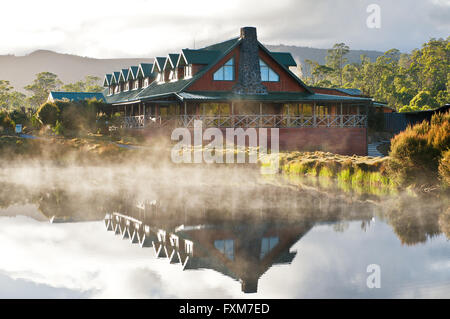 Cradle Mountain Lodge reflections on a cold morning. Stock Photo