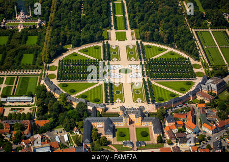 Aerial view, French garden, baroque garden with the longitudinal and lateral axes, Schwetzingen Castle with the castle garden, Stock Photo