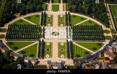Aerial view, French garden, baroque garden with the longitudinal and lateral axes, Schwetzingen Castle with the castle garden, Stock Photo