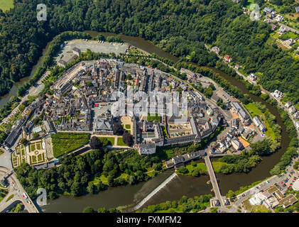 Aerial view, Renaissance castle Weilburg, Weilburg Castle, Baroque castle, Old Town Hall and Castle Church with tower,river Lahn Stock Photo