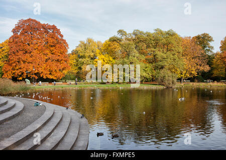 Ujazdowski Park in autumn, city of Warsaw, Poland, stairs to the water Stock Photo