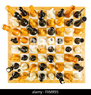 Up view of chess figures standing on the board isolated Stock Photo