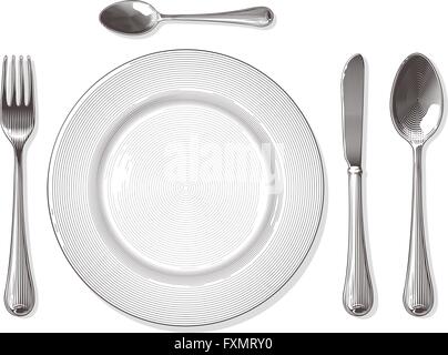 Vector illustration of fork, spoon, knife, plate in vintage engraving style, on transparent background Stock Vector
