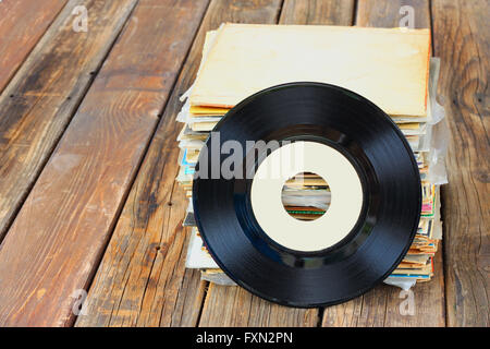 selective focus of records stack. vintage filtered Stock Photo