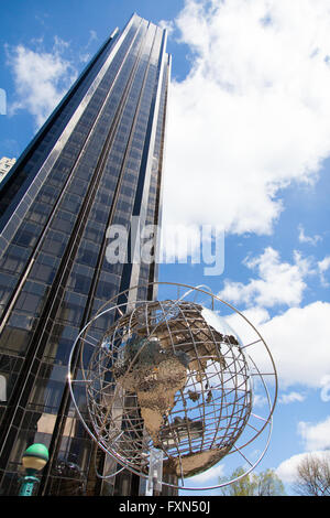 Stainless steel globe at Columbus Circle outside Trump International Hotel,  Manhattan, New York City, United States of America. Stock Photo