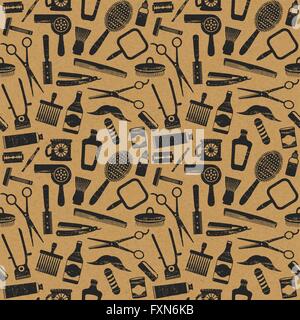 Vintage barber shop related seamless pattern on paper textured background Stock Vector