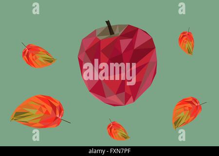 Low poly colorful autumn background, red apple with leaves. Stock Vector