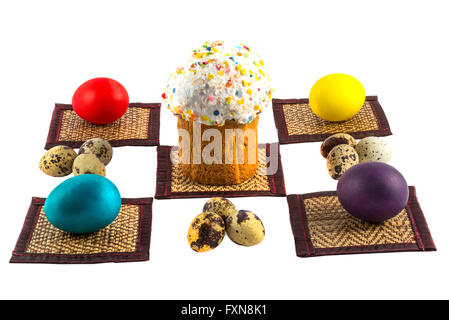 Easter cake and painted in different colors Easter eggs Stock Photo