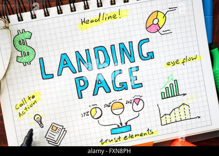 Landing page written in a notebook. SEO concept. Stock Photo