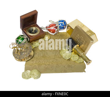 Treasure map with compass and gold coins Stock Photo - Alamy