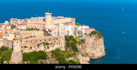 Aragonese-Angevine Castle on the cliff in old town of Gaeta, Italy. Panoramic photo, bird eye view Stock Photo