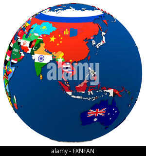 Political map of southeast Asia and Australia with each country represented by its national flag. 3D Illustration isolated on wh Stock Photo