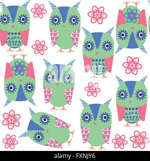 Multicolor  owls seamless pattern and seamless pattern in swatch menu, vector image. Cute texture for different design. Stock Vector