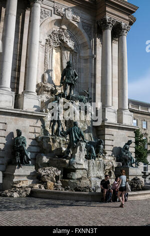 The Matthias Fountain at the former Royal Palace now the Hungarian National Gallery on Castle Hill in Budapest, Hungary. Stock Photo