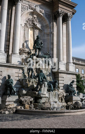 The Matthias Fountain at the former Royal Palace now the Hungarian National Gallery on Castle Hill in Budapest, Hungary. Stock Photo