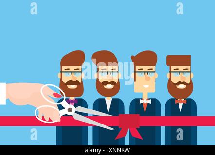 Grand Opening Hand With Scissors Cut Red Ribbon Bow Business Team Staff Presentation Stock Vector