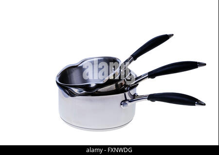 Three stainless steel saucepans. Stock Photo